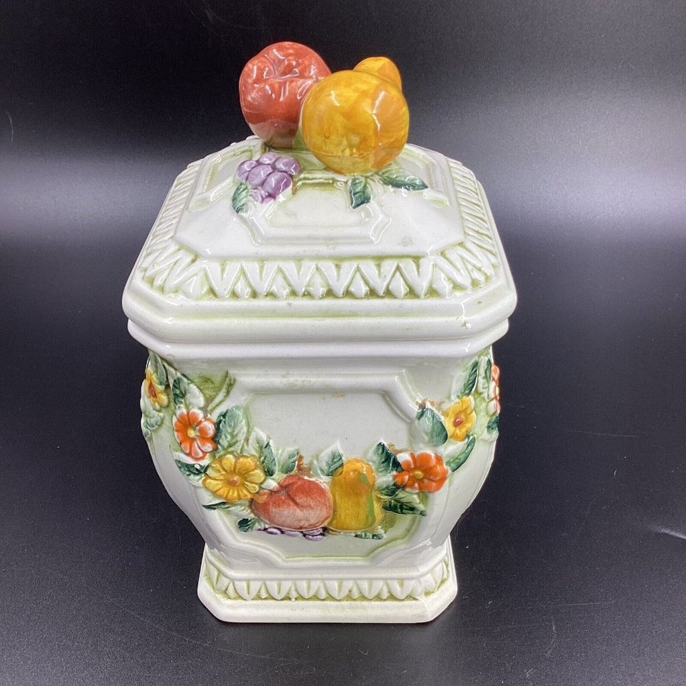 Vintage Lefton Ceramic Raised Fruit Fantasia 6.25" Canister Jar With Lid 6721
